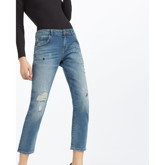 EUC Zara medium wash blue denim jeans with with distressing & cutouts, 4 - Picture 3 of 7